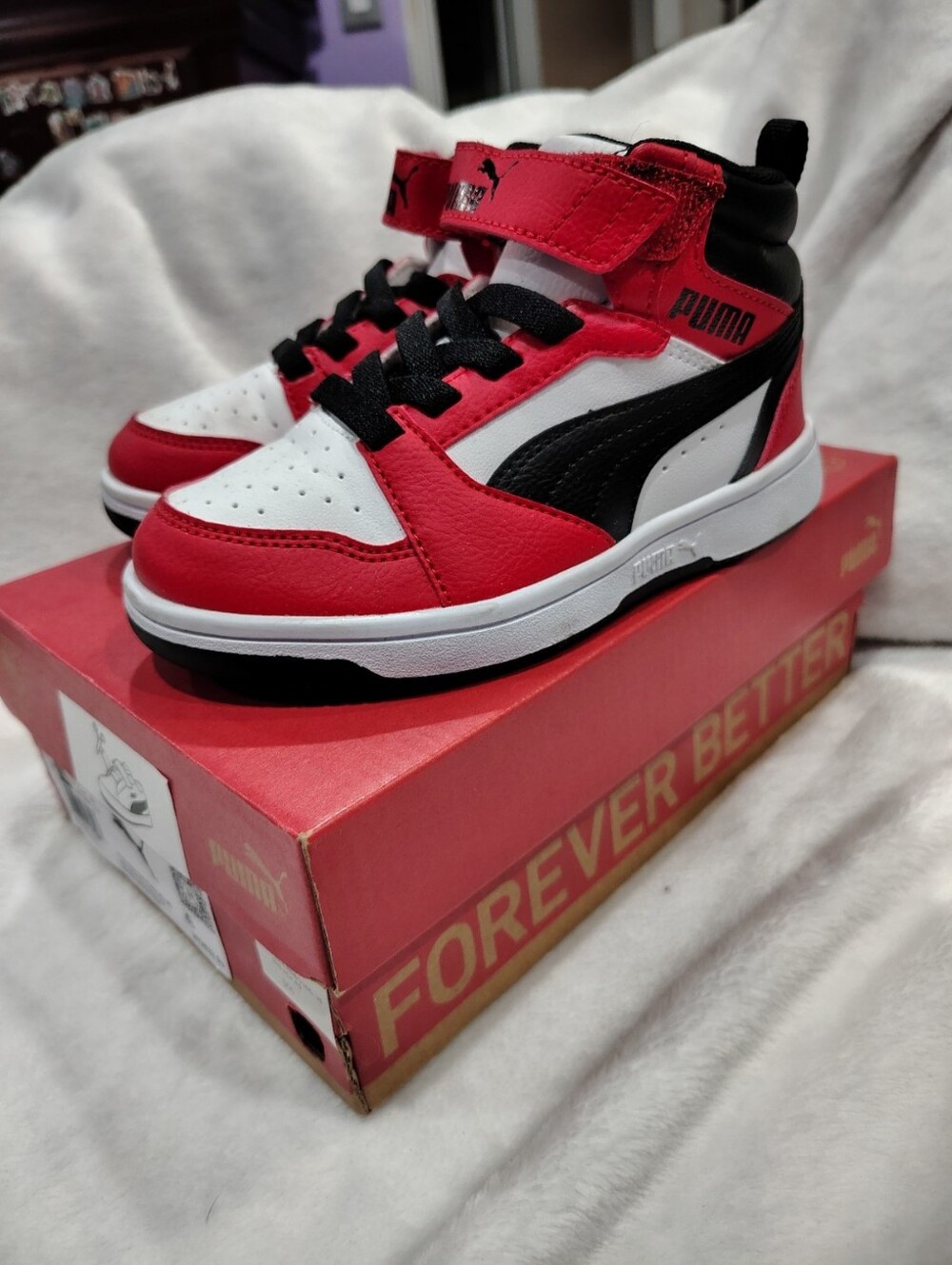 Puma rebound red and black and white kids